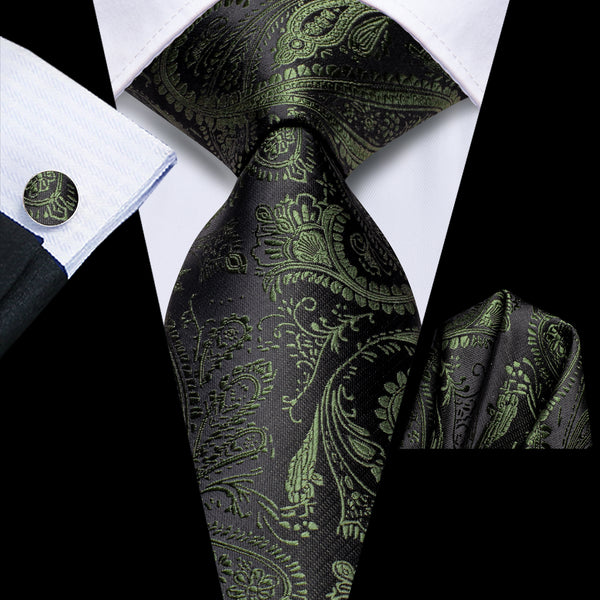 Ties2you Floral Tie Black Green Paisley Silk Men's Tie Hanky Cufflinks Set