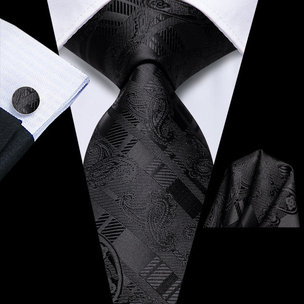 Black Paisley Tie Pocket Square Cufflinks Set