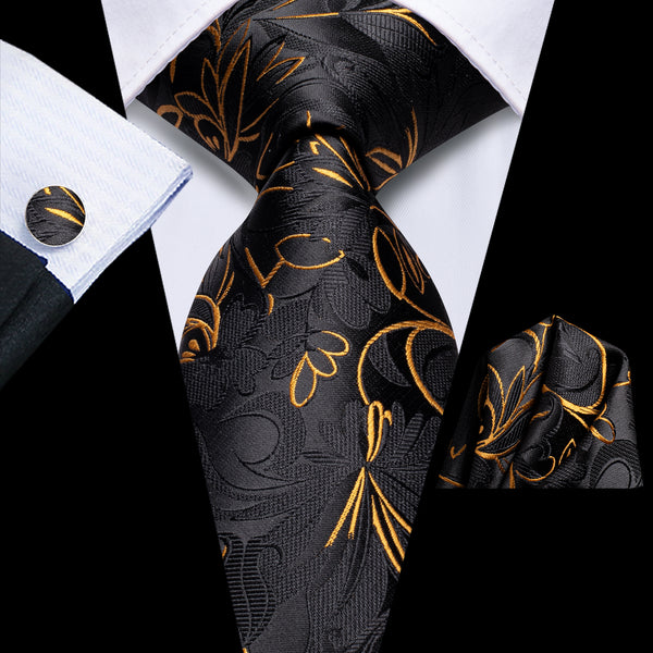 Black Golden Paisley Tie Pocket Square Cufflinks Set