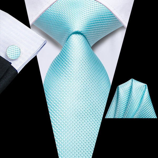 Baby Blue Plaid Tie Pocket Square Cufflinks Set