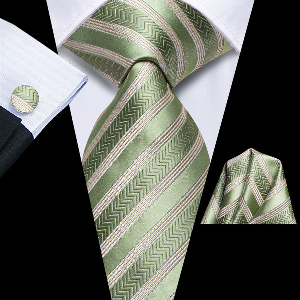 Bean Green Champagne Striped Tie Pocket Square Cufflinks Set