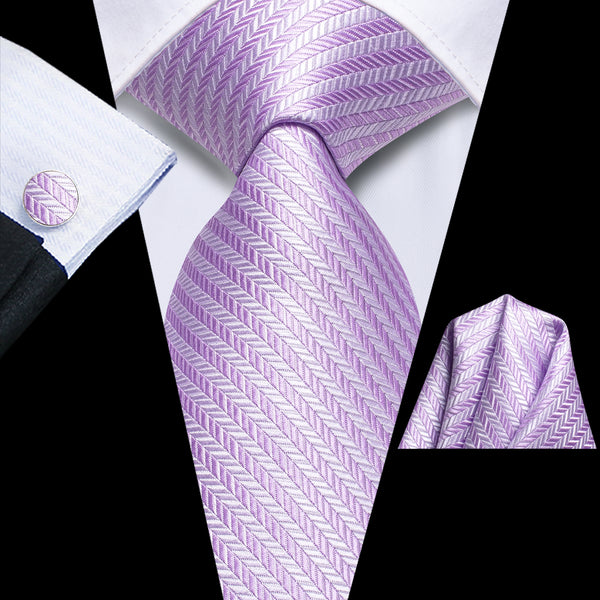 Light Purple Striped Tie Pocket Square Cufflinks Set