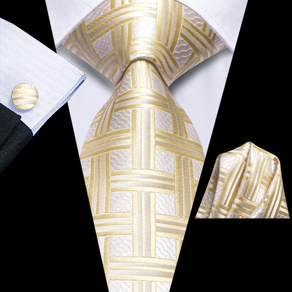 Champagne Tie Yellow Plaid Silk Tie Pocket Square Cufflinks Set for Mens Suit Tie