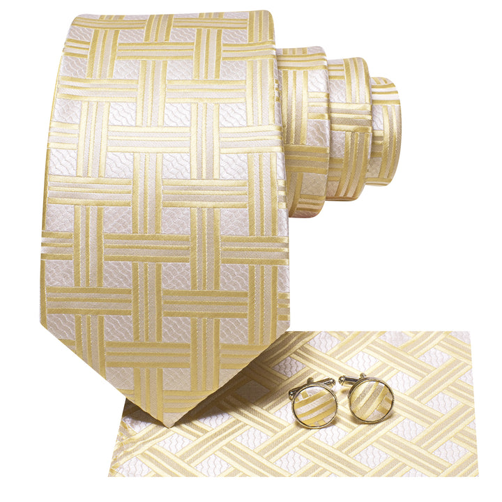Champagne Tie Yellow Plaid Silk Tie Pocket Square Cufflinks Set for Mens Suit Tie