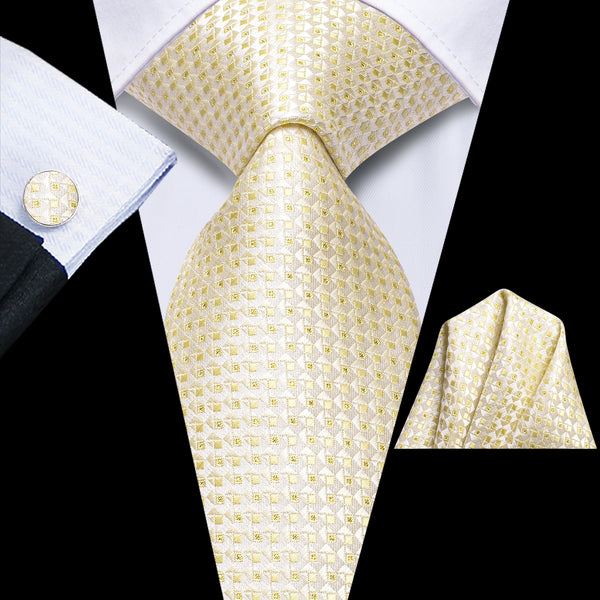Light Yellow Plaid Tie Pocket Square Cufflinks Set