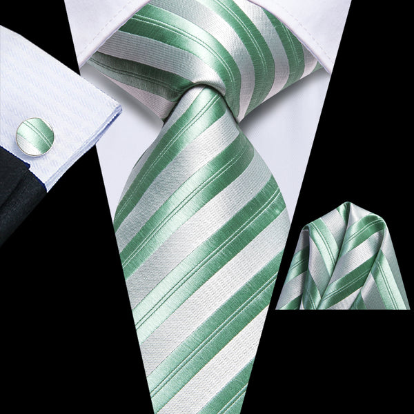 Silver Macron Green Striped Tie Pocket Square Cufflinks Set