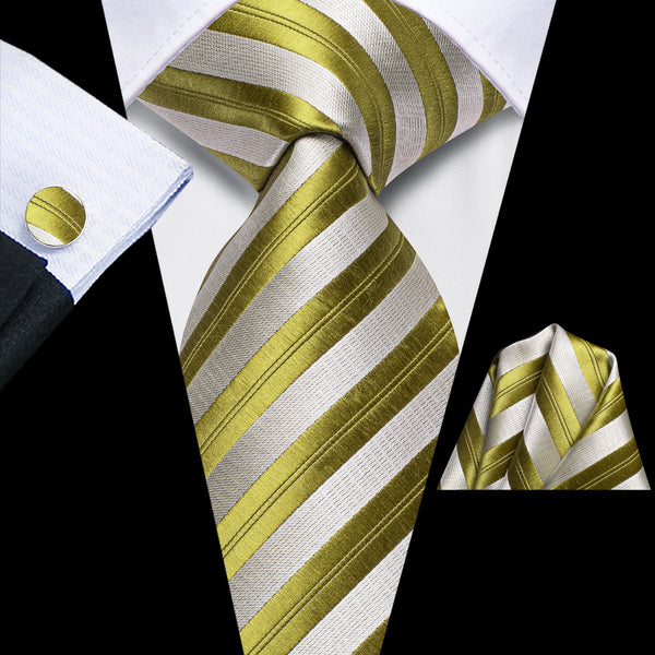 Silver Yellow Green Striped Tie Pocket Square Cufflinks Set