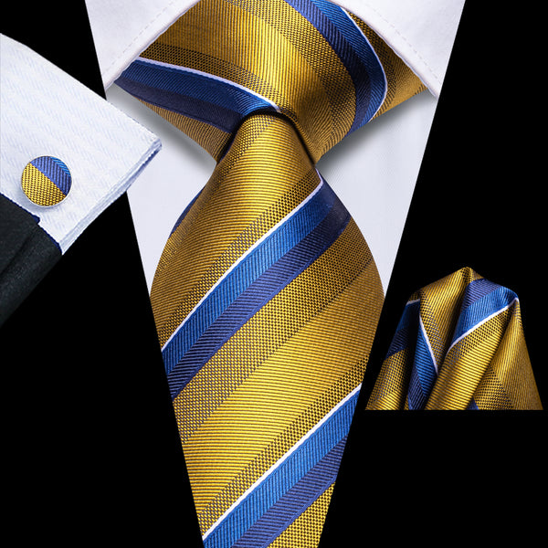 Golden Blue Striped Tie Pocket Square Cufflinks Set