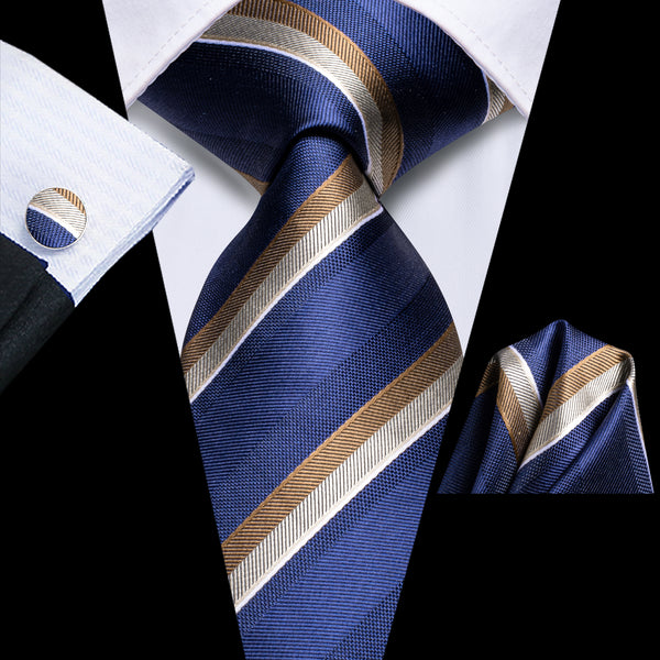 Royal Blue Striped Tie Pocket Square Cufflinks Set