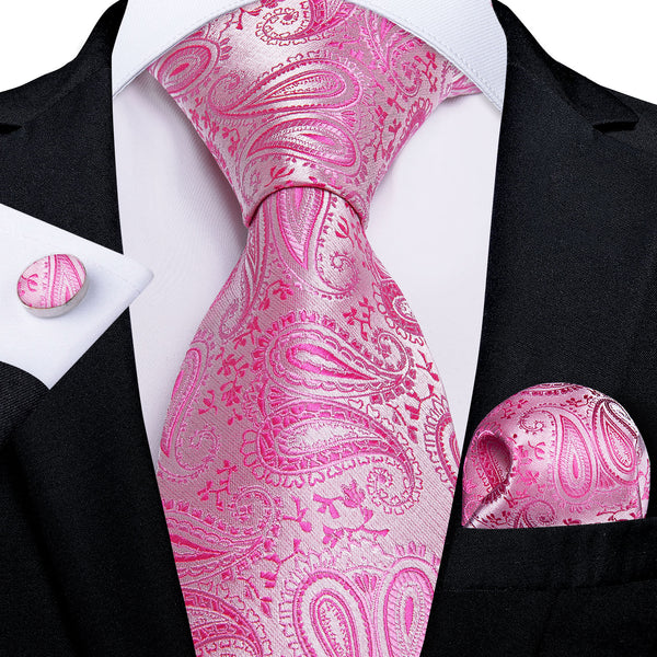 Fashion Pink Paisley Silk Men's Tie Pocket Square Cufflinks Set for Wedding