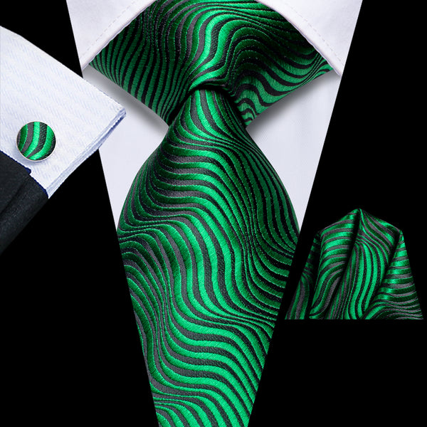 Black Green Novelty Tie Pocket Square Cufflinks Set
