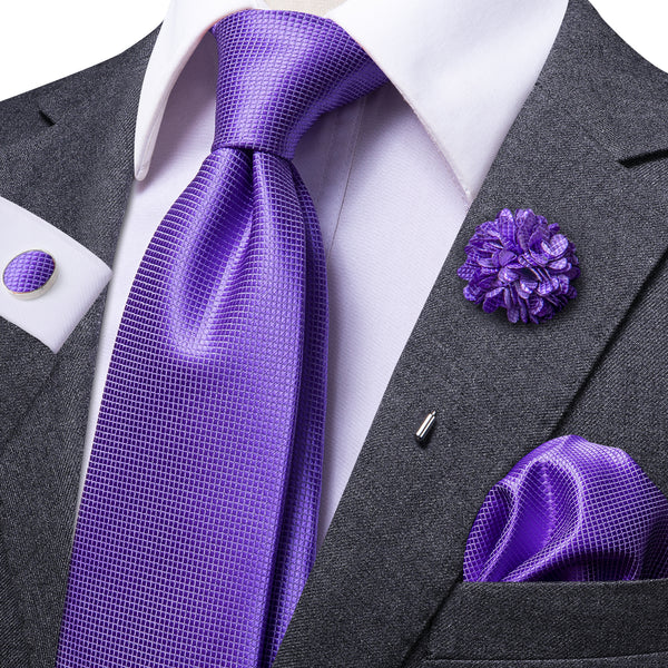 Classic Purple Solid Necktie Hanky Cufflinks Set with Lapel Pin