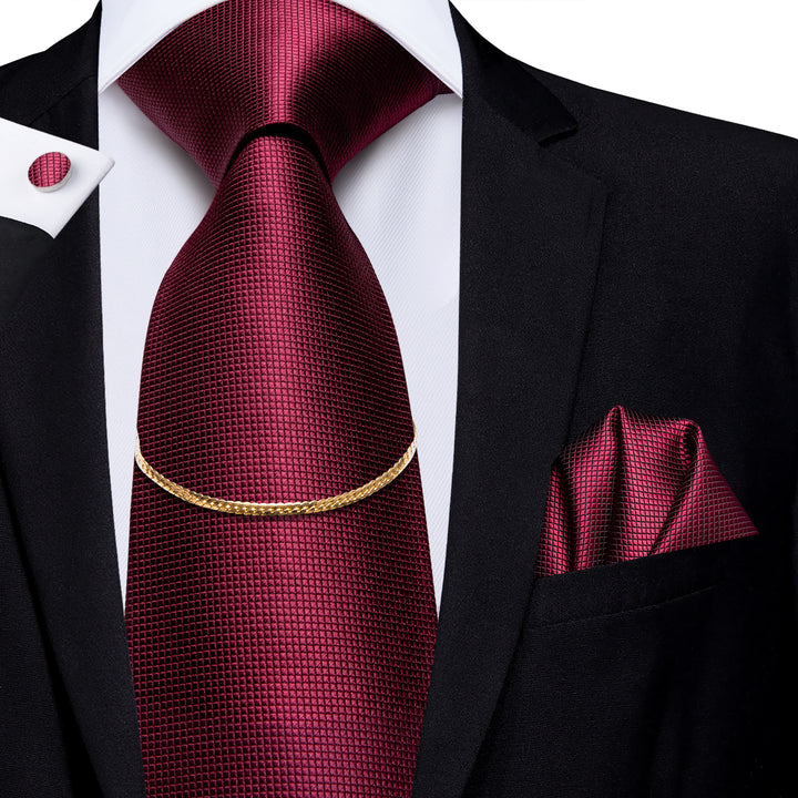 Burgundy Plaid Silk Fabric Men's Tie Hanky Cufflinks Set with Tie Chain