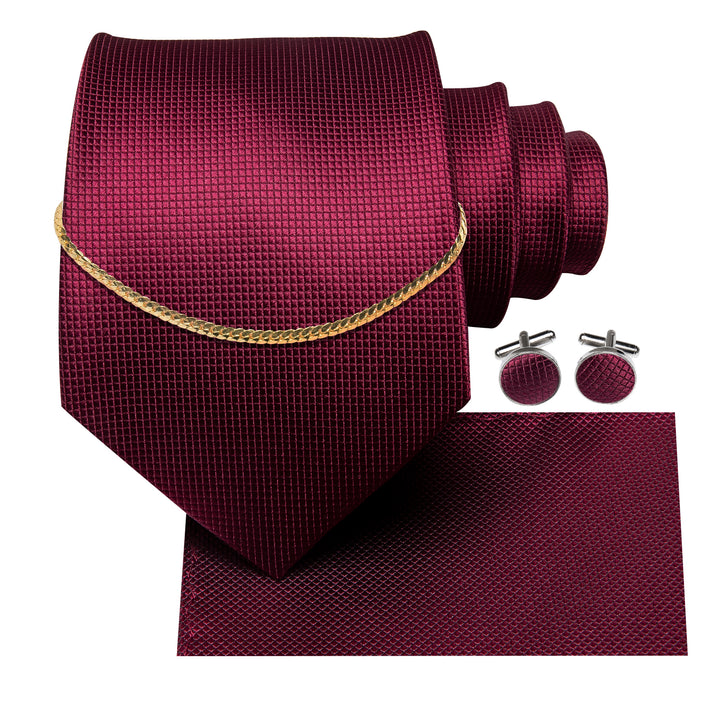 Burgundy Plaid Silk Fabric Men's Tie Hanky Cufflinks Set with Tie Chain
