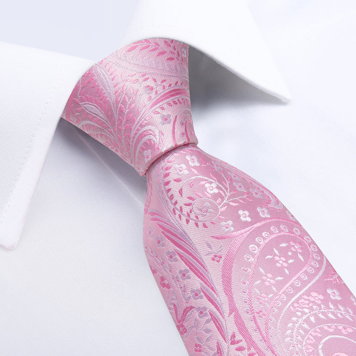 Pink floral silk mens knit ties hanky cufflinks set for mens suit dress