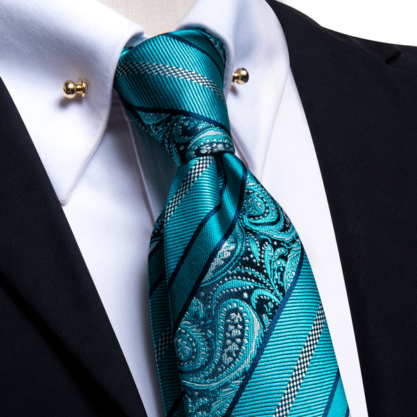 Aqua Green Paisley Men's Tie Hanky Cufflinks Set with Collar Pin