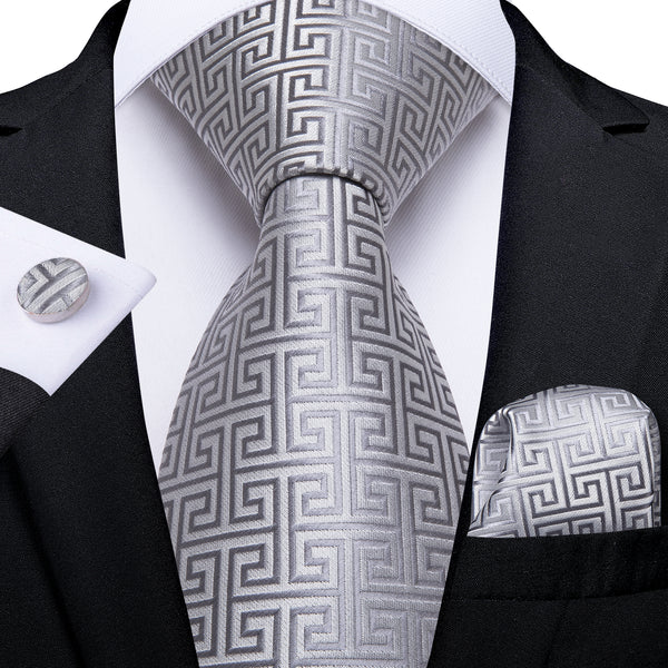 Mens Silver Suit silk ties Handkerchief Cufflinks Set