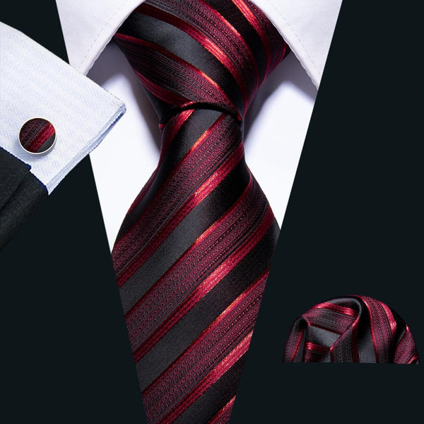 Luxury Shinning Red Striped Silk Fabric Tie Hanky Cufflinks Set