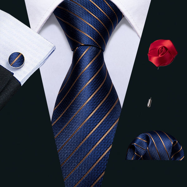 Classic Navy Blue Striped Men's Necktie Pocket Square Cufflinks Set with Lapel Pin