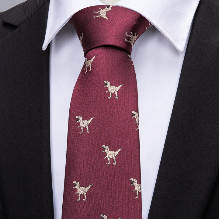 Dinosaur Novelty Silk Men's Suit Tie Hanky Cufflinks Set