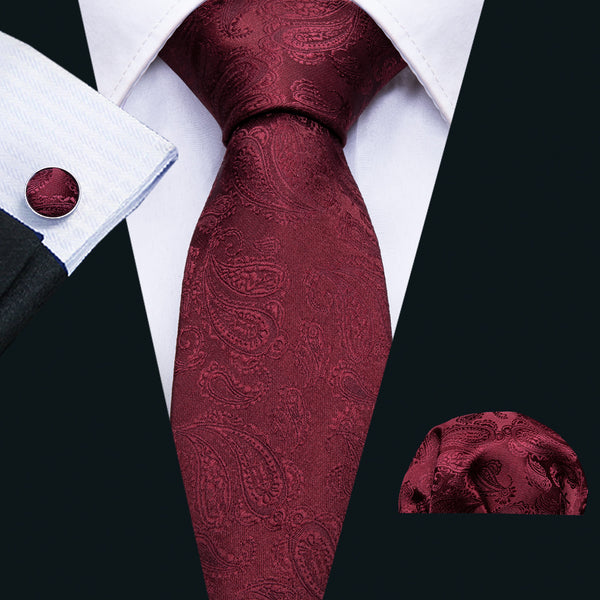 Burgundy Tie for Men Paisley Silk Necktie Set for Suit Top