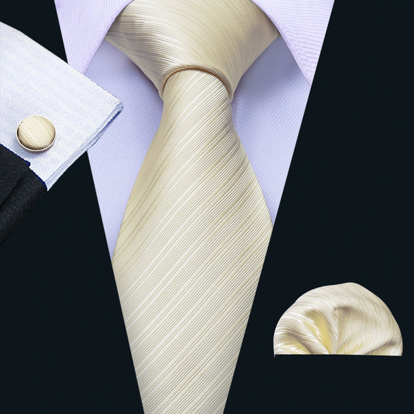Champagne Striped Silk Men's Tie Hanky Cufflinks Set
