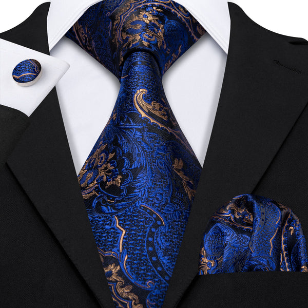 Navy Blue Golden Paisley Necktie Pocket Square Cufflinks Set