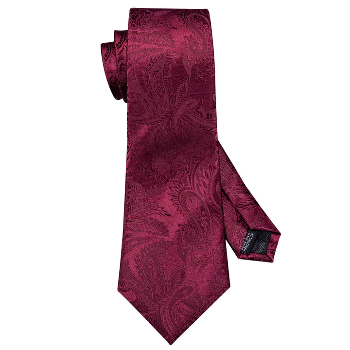 Burgundy Tie for Men Paisley Silk Suit Tie Pocket Square Cufflinks Set