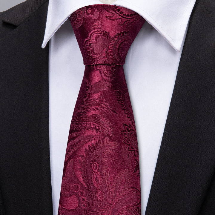 Burgundy Tie for Men Paisley Silk Suit Tie Pocket Square Cufflinks Set、