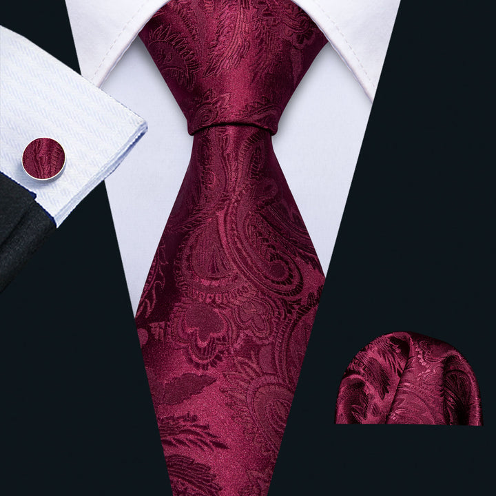 Burgundy Tie for Men Paisley Silk Suit Tie Pocket Square Cufflinks Set