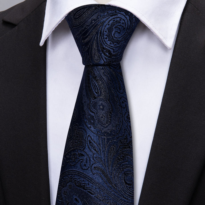 Black Blue Paisley Necktie Pocket Square Cufflinks Set