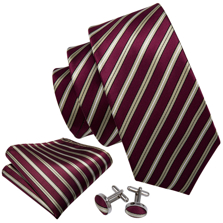 Burgundy Tie Beige Striped Men's Silk Tie Hanky Cufflinks Set
