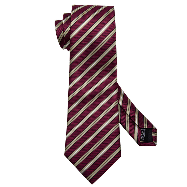 Burgundy Tie Beige Striped Men's Silk Tie Hanky Cufflinks Set