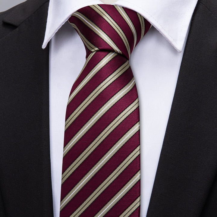 Burgundy Tie Beige Striped Men's Silk Tie Hanky Cufflinks Set for ties for navy suit or black suit