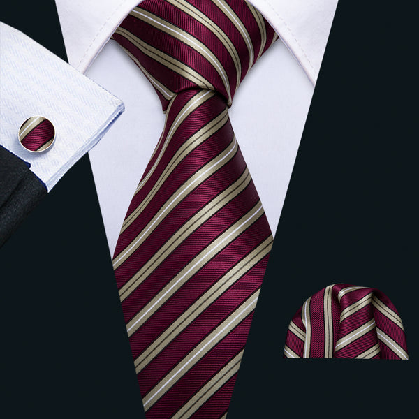 Burgundy Tie Beige Striped Men's Silk Tie Hanky Cufflinks Set for black suit shirt