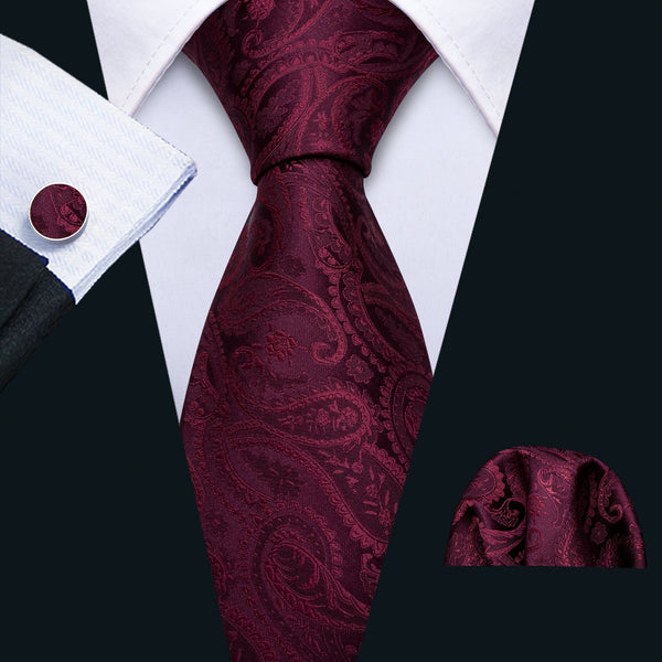 Ties2you Wine Silk Tie Paisley Jacquard Mens Necktie Handkercheif Cufflinks Set