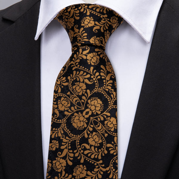 Black Golden Floral Silk Single Necktie