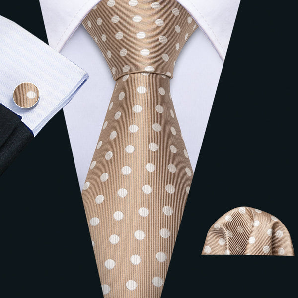 Khaki White Polka Dot Silk Men's Tie Pocket Square Cufflinks Set