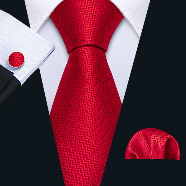 Classic Red Striped Silk Men's Tie Handkerchief Cufflinks Set