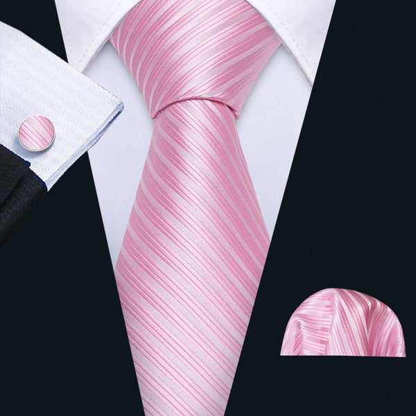 Striped Pink Silk Men's Tie Pocket Square Cufflinks Set