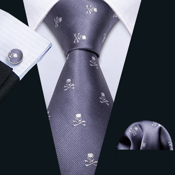 Silver Grey Skull Novelty Men's Tie Handkerchief Cufflinks Set