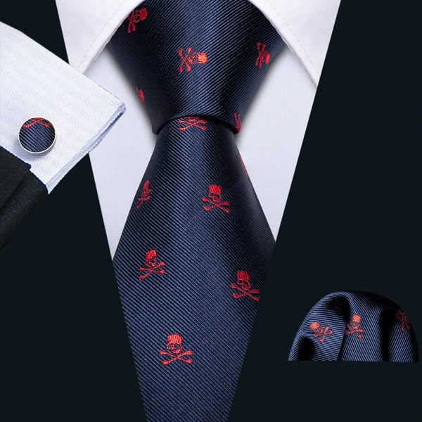 Deep Blue Red Skull Novelty Men's Tie Handkerchief Cufflinks Set