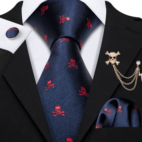 Deep Blue Red Skull Novelty Men's Necktie Pocket Square Cufflinks Set with Lapel Pin