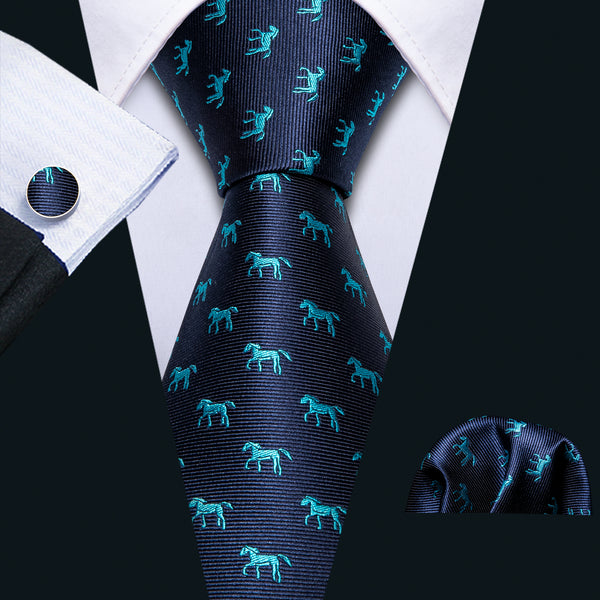 Deep Blue Horse Pattern Novelty Men's Tie Handkerchief Cufflinks Set