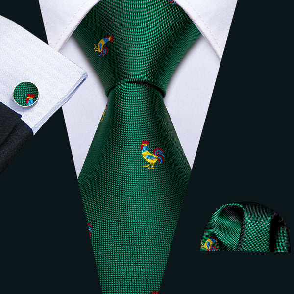 Dark Green Cock Pattern Novelty Men's Tie Handkerchief Cufflinks Set