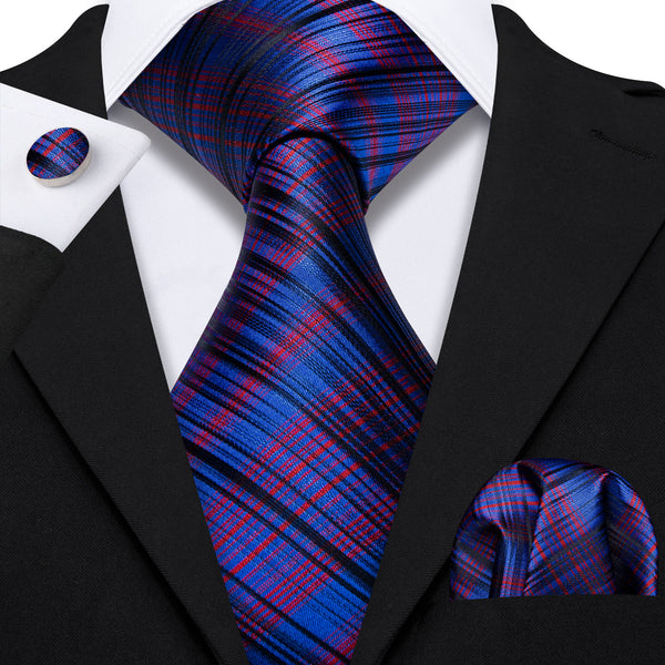Blue Black Red Plaid Men's Tie Handkerchief Cufflinks Set
