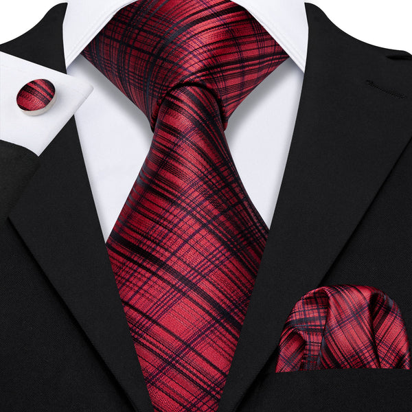 Red Black Plaid Men's Tie Handkerchief Cufflinks Set