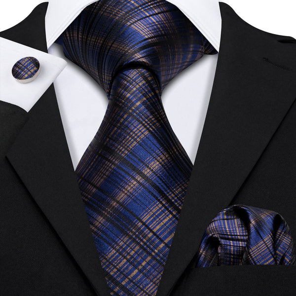 Navy Blue Classic Plaid Men's Tie Handkerchief Cufflinks Set