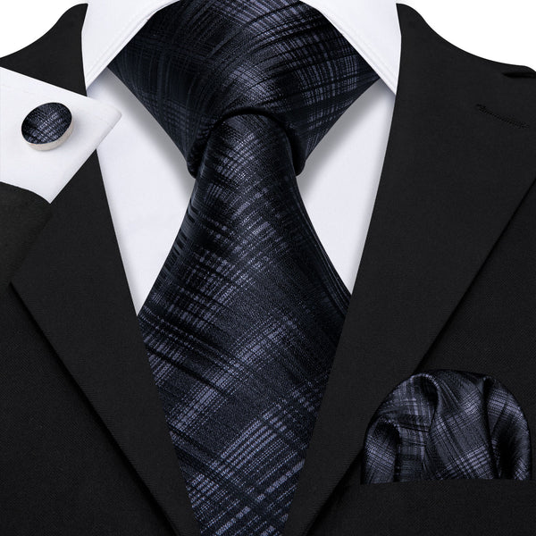 Black Plaid Men's Tie Handkerchief Cufflinks Set
