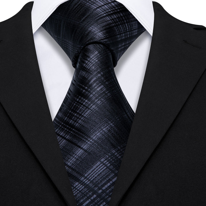 Black Plaid Men's Tie Handkerchief Cufflinks Set